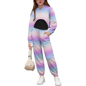 Arshiner 3 Piece Girls Jogger Set Sweatsuits Crop Sweatshirt Hoodie Adjustable Cami Top and Sweatpants(Blue Pink-tie Dye)