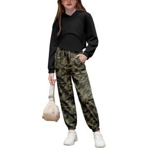 Arshiner 3 Piece Girls Jogger Set Sweatsuits Crop Sweatshirt Hoodie Adjustable Cami Top and Sweatpants(Camouflage)
