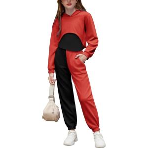 Arshiner 3 Piece Girls Jogger Set Sweatsuits Crop Sweatshirt Hoodie Adjustable Cami Top and Sweatpants(Red)