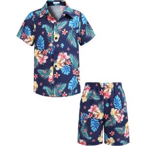 Arshiner Boys 2 Piece Outfits Hawaiian Shorts Sets Button Down Shirt and Shorts Summer Beach Clothes for 2-12 Years(Blue – Hawaiian Print)