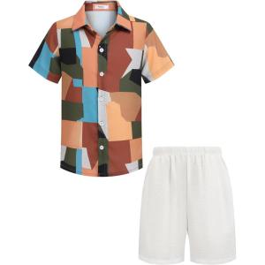 Arshiner Boys 2 Piece Outfits Hawaiian Shorts Sets Button Down Shirt and Shorts Summer Beach Clothes for 2-12 Years(Brown & Green – Colorblock)