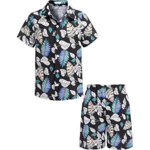 Arshiner Boys 2 Piece Outfits Hawaiian Shorts Sets Button Down Shirt and Shorts Summer Beach Clothes for 2-12 Years(Dark Blue – Leaf Print)