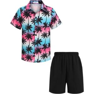 Arshiner Boys 2 Piece Outfits Hawaiian Shorts Sets Button Down Shirt and Shorts Summer Beach Clothes for 2-12 Years(Pink/Blue Tie Dye – Palm Tree)