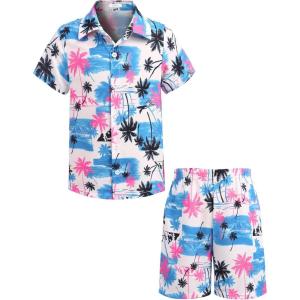 Arshiner Boys 2 Piece Outfits Hawaiian Shorts Sets Button Down Shirt and Shorts Summer Beach Clothes for 2-12 Years(White – Palm Tree)