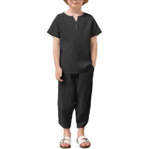 Arshiner Boy’s 2 Pieces Clothes Set Henley Shirt Short Sleeve and Pants Wide Leg Baggy Summer Casual Outfits(Black)