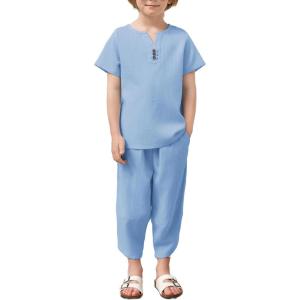 Arshiner Boy’s 2 Pieces Clothes Set Henley Shirt Short Sleeve and Pants Wide Leg Baggy Summer Casual Outfits(Light Blue)