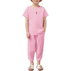 Arshiner Boy’s 2 Pieces Clothes Set Henley Shirt Short Sleeve and Pants Wide Leg Baggy Summer Casual Outfits(Pink)