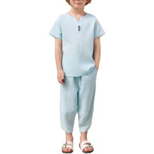 Arshiner Boy’s 2 Pieces Clothes Set Henley Shirt Short Sleeve and Pants Wide Leg Baggy Summer Casual Outfits(Sky Blue)