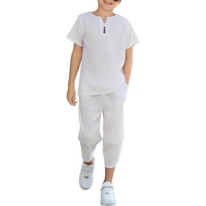 Arshiner Boy’s 2 Pieces Clothes Set Henley Shirt Short Sleeve and Pants Wide Leg Baggy Summer Casual Outfits(White)