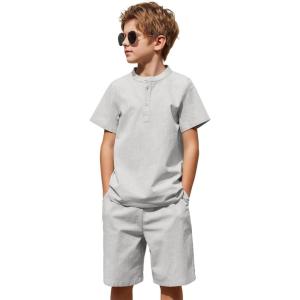 Arshiner Boy’s 2 Pieces Cotton Linen Set Casual Henley Shirts Short Sleeve Beach Shorts Summer Outfits for 5-12 Years(Light Grey)