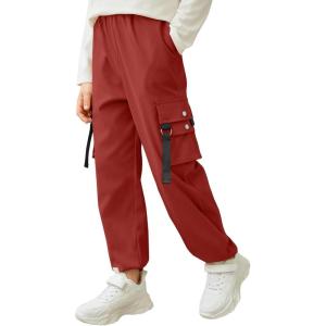 Arshiner Boys Cargo Joggers Pants Kids Elastic Waist Casual Pants Lightweight School Pants with 4 Pockets 5-12 Years(Wine Red)