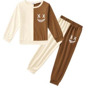 Arshiner Boys Cartoon Face Print Two Tone Crewneck Sweatshirt and Pants Set Tracksuits Outfits Size (2T – 7-8)(Apricot & Brown)