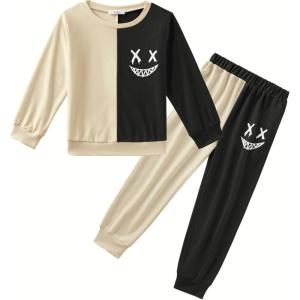 Arshiner Boys Cartoon Face Print Two Tone Crewneck Sweatshirt and Pants Set Tracksuits Outfits Size (2T – 7-8)(Cream & Black)