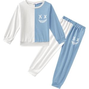 Arshiner Boys Cartoon Face Print Two Tone Crewneck Sweatshirt and Pants Set Tracksuits Outfits Size (2T – 7-8)(White & Light Blue)