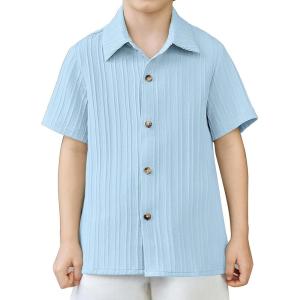 Arshiner Boys Casual Short Sleeve Button Down Shirt Fashion Textured Summer Beach Shirt 3-13 Years Old(Blue)