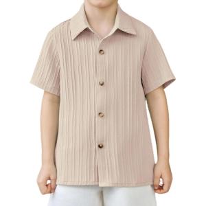Arshiner Boys Casual Short Sleeve Button Down Shirt Fashion Textured Summer Beach Shirt 3-13 Years Old(Champagne)