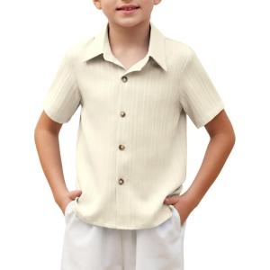 Arshiner Boys Casual Short Sleeve Button Down Shirt Fashion Textured Summer Beach Shirt 3-13 Years Old(Light Khaki)