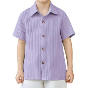 Arshiner Boys Casual Short Sleeve Button Down Shirt Fashion Textured Summer Beach Shirt 3-13 Years Old(Lilac)