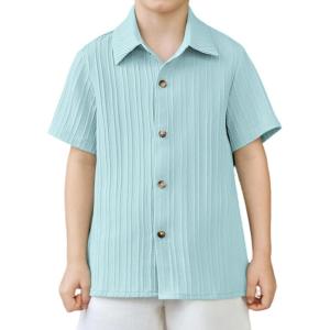 Arshiner Boys Casual Short Sleeve Button Down Shirt Fashion Textured Summer Beach Shirt 3-13 Years Old(Powder Blue)