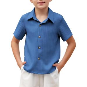 Arshiner Boys Casual Short Sleeve Button Down Shirt Fashion Textured Summer Beach Shirt 3-13 Years Old(Royal Blue)