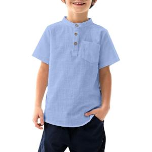 Arshiner Boys Linen Shirt Button Down Henley Short Sleeve Casual Dress Summer Beach T Shirts Top with One Pocket(Blue)