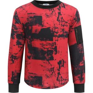 Arshiner Boy’s Loose Long Sleeve Solid/Tie-Dyed Print Curve Hem T Shirt for 5-12 Years(Black/Red Tie-dye)