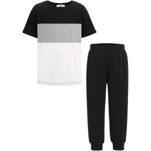 Arshiner Boy’s Pants Set – 2 Piece ColorBlock Short Sleeve T-Shirt and Active Pants – Casual Clothing Outfits 5-12 Years(Black)