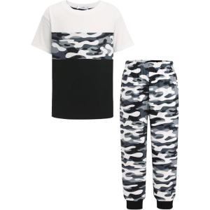 Arshiner Boy’s Pants Set – 2 Piece ColorBlock Short Sleeve T-Shirt and Active Pants – Casual Clothing Outfits 5-12 Years(Black Camo)