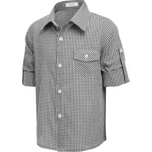 Arshiner Boy’s Plaid Button Down Shirt Long Sleeve Roll Up Casual Shirts with Pocket 4-11 Years(Black/White Check)