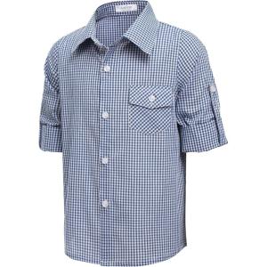 Arshiner Boy’s Plaid Button Down Shirt Long Sleeve Roll Up Casual Shirts with Pocket 4-11 Years(Blue/White Check)