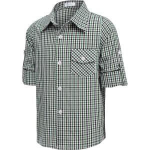 Arshiner Boy’s Plaid Button Down Shirt Long Sleeve Roll Up Casual Shirts with Pocket 4-11 Years(Green/White Check)