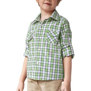 Arshiner Boy’s Plaid Button Down Shirt Long Sleeve Roll Up Casual Shirts with Pocket 4-11 Years(Green/White Plaid)
