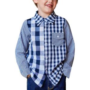 Arshiner Boy’s Plaid Button Down Shirt Long Sleeve Roll Up Casual Shirts with Pocket 4-11 Years(Navy Blue Patchwork Plaid)