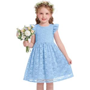 Arshiner Flower Girl Dress Toddler Lace Tutu Ruffle Sleeve Wedding Birthday Party Tulle Dresses(Blue)