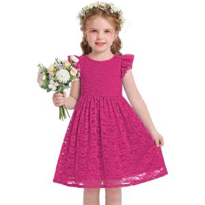 Arshiner Flower Girl Dress Toddler Lace Tutu Ruffle Sleeve Wedding Birthday Party Tulle Dresses(Hot Pink)