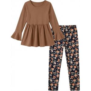 Arshiner Girls 2 Piece Clothing Set Floral Ruffle Hem Bell Sleeve Top and Leggings Fall Winter Outfits for 2-10 Years(Black Orange Floral)