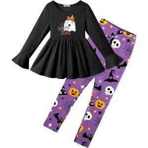 Arshiner Girls 2 Piece Clothing Set Floral Ruffle Hem Bell Sleeve Top and Leggings Fall Winter Outfits for 2-10 Years(Halloween Purple)