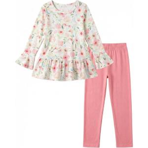 Arshiner Girls 2 Piece Clothing Set Floral Ruffle Hem Bell Sleeve Top and Leggings Fall Winter Outfits for 2-10 Years(Pink Floral)