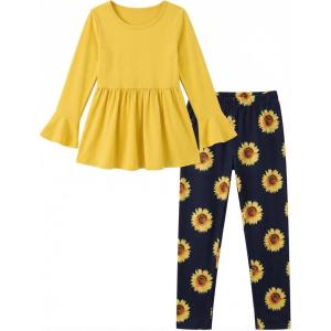 Arshiner Girls 2 Piece Clothing Set Floral Ruffle Hem Bell Sleeve Top and Leggings Fall Winter Outfits for 2-10 Years(Sunflower)