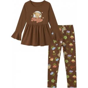 Arshiner Girls 2 Piece Clothing Set Floral Ruffle Hem Bell Sleeve Top and Leggings Fall Winter Outfits for 2-10 Years(Teddy)