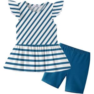 Arshiner Girls 2 Piece Outfit Ruffle Sleeve Peplum Top And Biker Shorts Lightweight Breathable Summer Clothing Set(Blue Striped)
