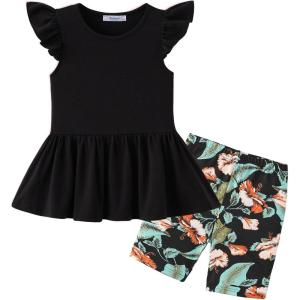 Arshiner Girls 2 Piece Outfit Ruffle Sleeve Peplum Top And Biker Shorts Lightweight Breathable Summer Clothing Set(Hawaiian Flower)