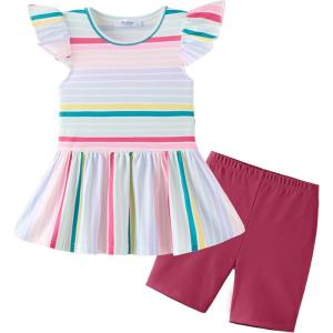 Arshiner Girls 2 Piece Outfit Ruffle Sleeve Peplum Top And Biker Shorts Lightweight Breathable Summer Clothing Set(Multicolor)