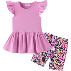 Arshiner Girls 2 Piece Outfit Ruffle Sleeve Peplum Top And Biker Shorts Lightweight Breathable Summer Clothing Set(Purple Flower)