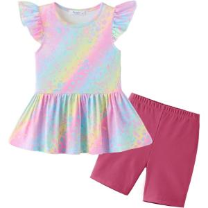 Arshiner Girls 2 Piece Outfit Ruffle Sleeve Peplum Top And Biker Shorts Lightweight Breathable Summer Clothing Set(Rainbow Tie Dye)