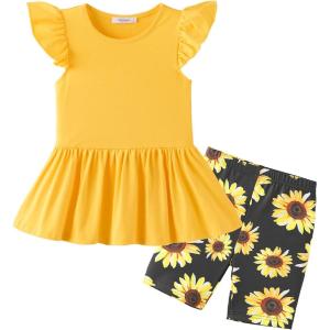 Arshiner Girls 2 Piece Outfit Ruffle Sleeve Peplum Top And Biker Shorts Lightweight Breathable Summer Clothing Set(Sunflower)