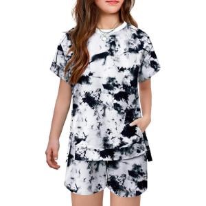 Arshiner Girls 2 Piece Outfit Summer Short Sleeve Loose Fit T-Shirt and Shorts Set Casual Activewear High-Low Hem Sweatshirt(Black Tie Dye)