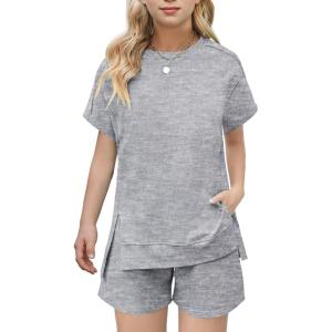 Arshiner Girls 2 Piece Outfit Summer Short Sleeve Loose Fit T-Shirt and Shorts Set Casual Activewear High-Low Hem Sweatshirt(Grey)