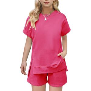 Arshiner Girls 2 Piece Outfit Summer Short Sleeve Loose Fit T-Shirt and Shorts Set Casual Activewear High-Low Hem Sweatshirt(Hot Pink)