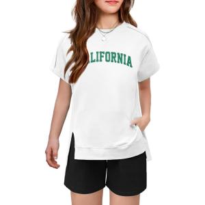 Arshiner Girls 2 Piece Outfit Summer Short Sleeve Loose Fit T-Shirt and Shorts Set Casual Activewear High-Low Hem Sweatshirt(Letter Ca)
